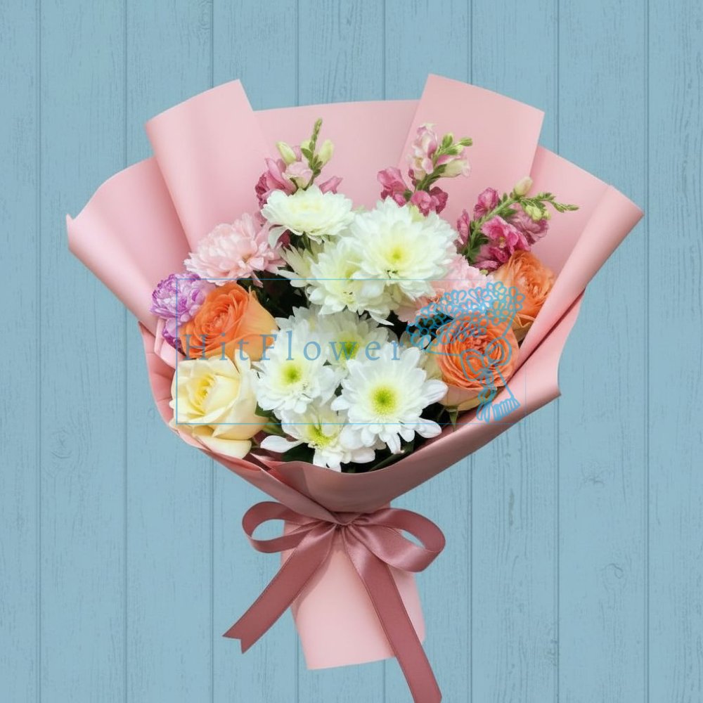 Букет цветов Стильная Нежность Букет цветов из: Хризантемы, Розы и Гвоздики